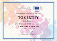 Certyfikat Code Week 2020 dla klasy 1c